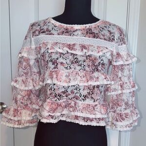 Shabby Chic Floral Ruffle Blouse - Pink and White